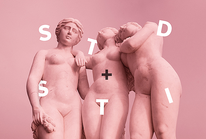 The acronyms of STD and STI are over a pink roman statue of three women.