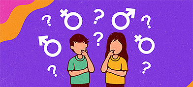 Two children of immigrants stand under white question marks as well as male and female glyphs against a purple background.