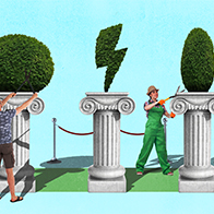 Two manscapers trim bushes on top of pillars.