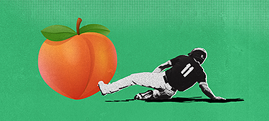 A man performing a baseball slide into a peach.