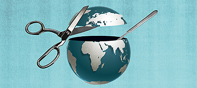 A pair of scissors cuts off the top of a teal and silver planet Earth.