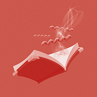 A red book is open with red syphilis virus strands rising up from the pages against a red background.