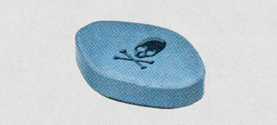 A blue pill for erectile dysfunction has a cross and bones on top of it.
