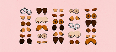 Multiple pairs of breasts of different shapes and skin colors are arranged on a pink background.