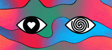 Cartoon eyes experiencing sex synesthesia against a multicolored background.