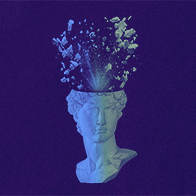 Pieces of a Roman statue head blow up from the top of it.