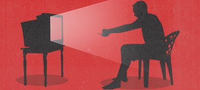 A-man-looks-at-tv-with-red-background