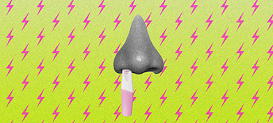 A pregnancy test hanging out of a nose like mucus.
