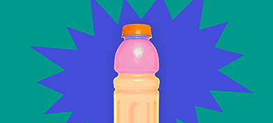 A sports drink is layered over a jagged blue shape and a green background.