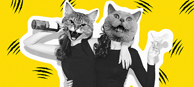 two-cat-heads-atop-womens-bodies-partying