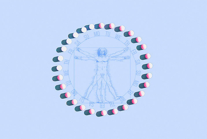 Birth control pills circle a sketch of the Vitruvian man against a light blue background.