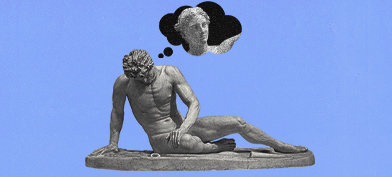 A male statue looks down with thought bubble of a female statue