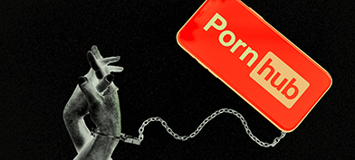 Two hands hold each other with one handcuffed to Pornhub