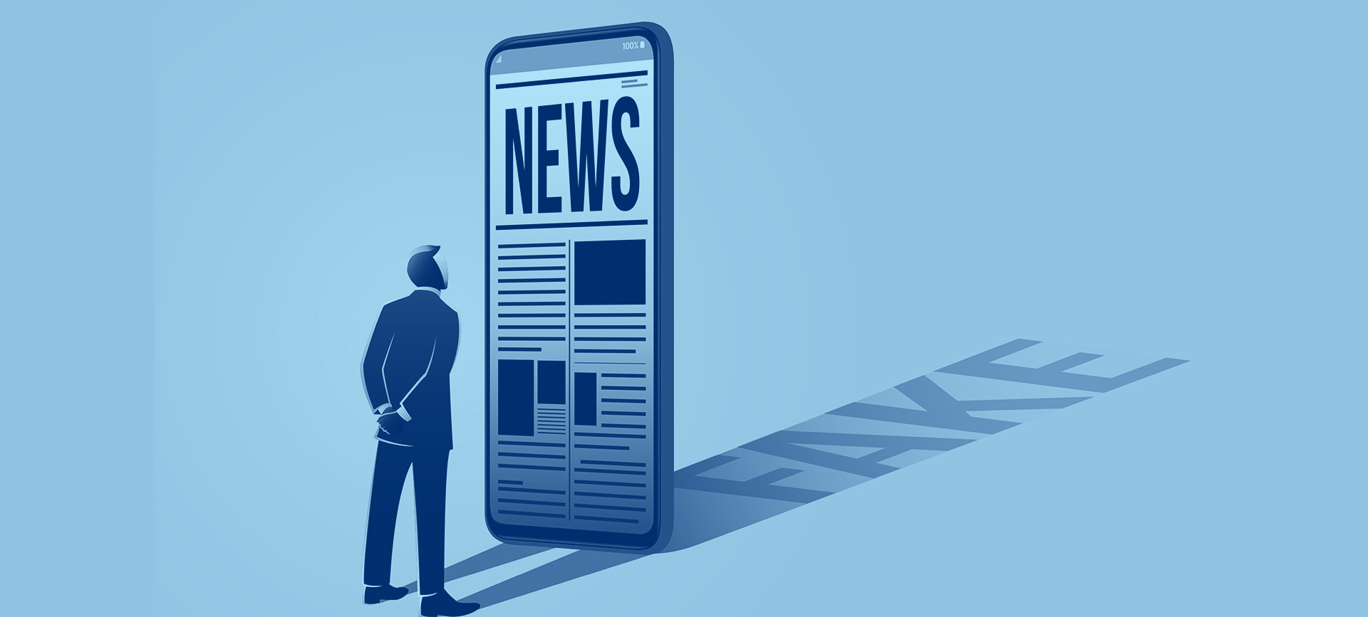 A man stares at cellphone larger than him with the news on it.