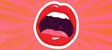 A mouth is open with bolts coming from it, representing the sound of an orgasm.