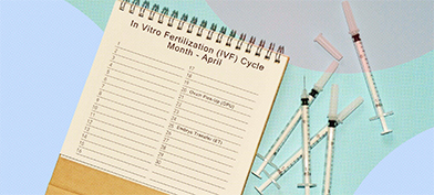 A notepad and medical needles are scattered on a colorful background.