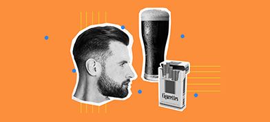 The head of a man is next to a glass of beer and a pack of cigarettes against an orange background.