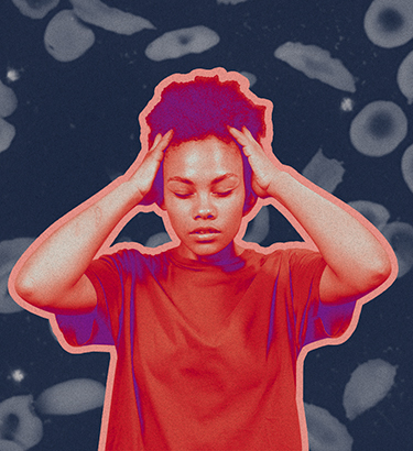 A black woman with her eyes closed grabs her head over a background of grey blood cells. 