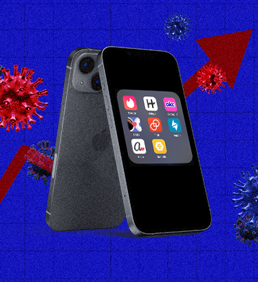 A cellphone with dating apps sits atop a chart of rising STI rates.