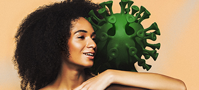 A woman hugs another person with Coronavirus for a head.