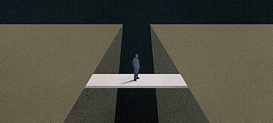 A man is crossing over a bridge to the other side.