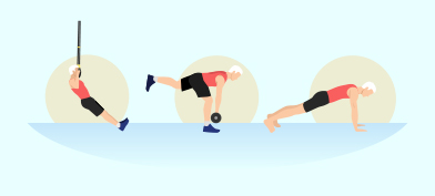A man over 50 does three different exercises.