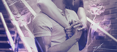 A man holds arms that embrace him from behind and two roses overlay the couple.