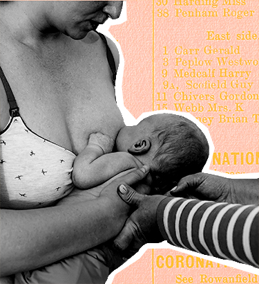 A lactation specialist helping a woman breastfeed is on top of a peach colored book page.