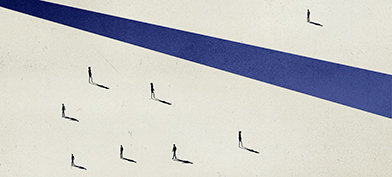 A solitary figure with a shadow is separated from seven other figures with shadows by a blue stripe.