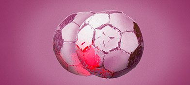Two peeling soccer balls sit side by side on a purple background with one area highlighted red.