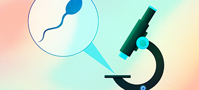 A sperm is shown in a bubble above a microscope against a pastel background.
