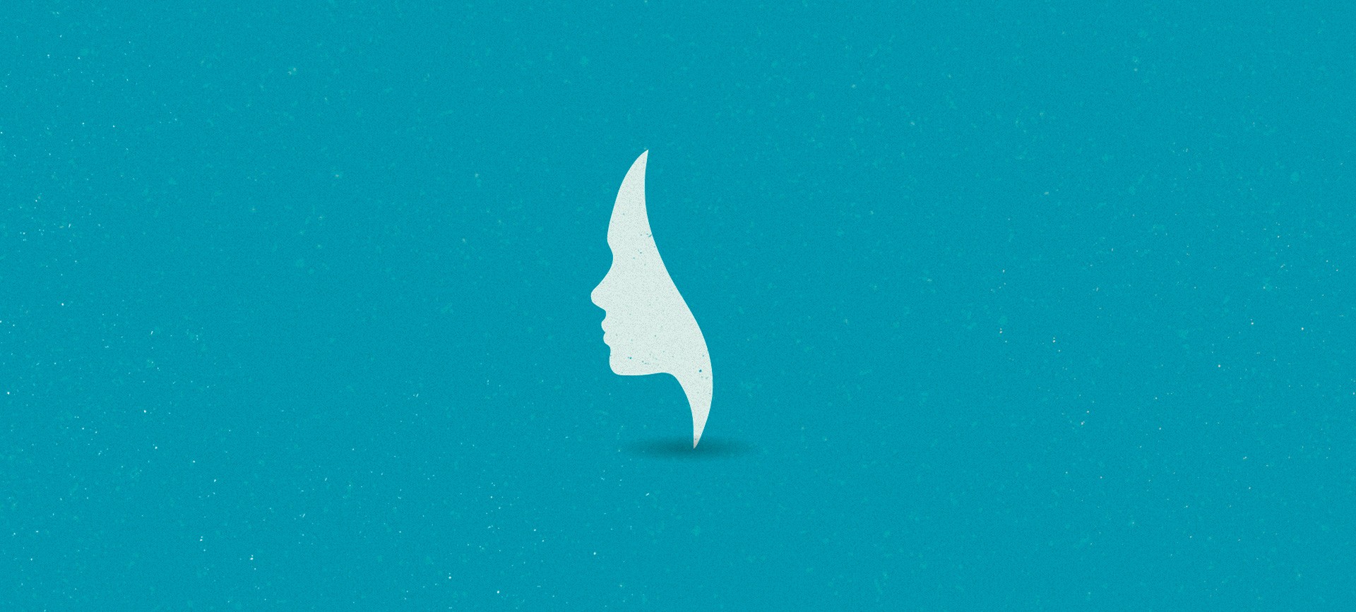 A white stylized profile of a woman sits against a teal background.