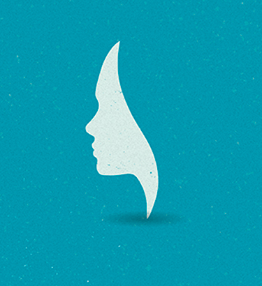 A white stylized profile of a woman sits against a teal background.