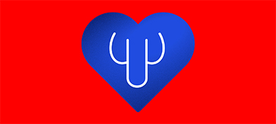 A white outline of a penis and testicles sits inside of a blue heart against a red background.