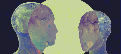 Two fluorescent, translucent faces look at each other within a yellow circle.