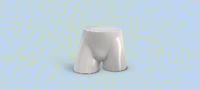 The pelvis of a man mid-kegel exercise is on a blue and yellow background.