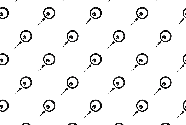 A black sperm swimming towards a human egg repeats across a white background.