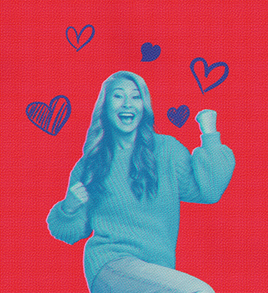 A woman cheers with blue hearts over her head against a red background.