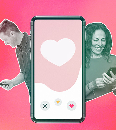 A woman over 40 uses her cellphone layered behind a larger cellphone and a man on the other side.