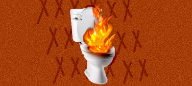 A toilet bowl is on fire with a red X repeated behind it.