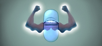 A pill capsule has an upside down smile in the middle and sprouts two flexing arms that have wavy muscles.