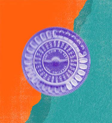A purple container of birth control pills sits against an orange and teal background.