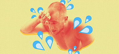 A man leans against his arm in distress after ejaculation as blue water splashes from his red body against a yellow background.