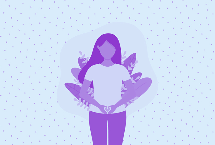 A woman in purple holds a heart near her uterus with purple leaves behind her.