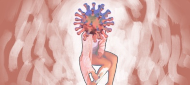 A woman with an STD virus in place of her head shaves her legs with a razor