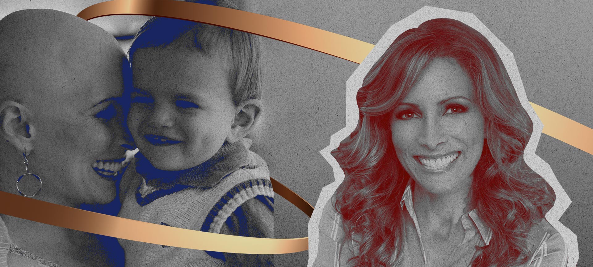 Shannon Miller holds her face to her baby smiling after chemotherapy next to another image of herself today.