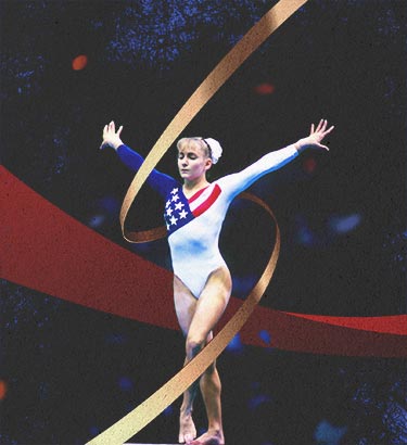 Shannon Miller competes on the balance beam with red and gold ribbons around her.