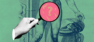 A hand is holding a red magnifying glass showing yellow question marks over the testicle area of a green Statue of David.
