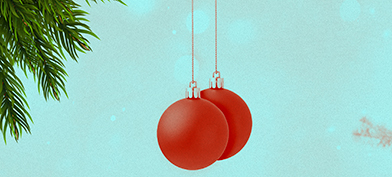 Two red bobbles hang on-strings from a Christmas tree branch.