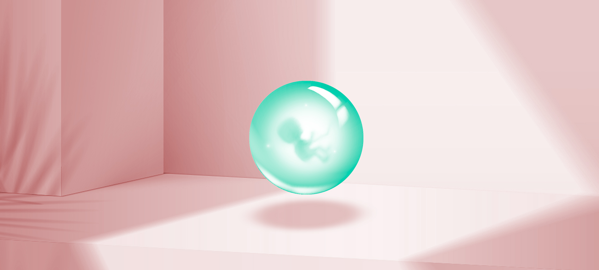 The corner of a pink room has a teal green bubble with a fetus floating inside.